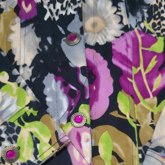 Abstract Animal Floral Printed Jacket Rhinestone Buttons Size S/M Pockets - Picture 3 of 5